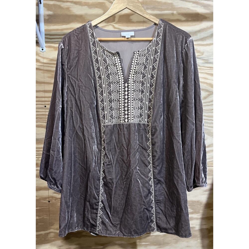 J Jill Embroidered Velvet Velour Relaxed Tunic Top Mocha Brown XL Boho Peasant